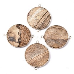 Natural Picture Jasper Links Connectors, with Edge Light Gold Plated Brass Findings, Faceted, Flat Round, 45x36x8mm, Hole: 2.5mm(G-S359-105B)