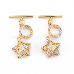 Brass Micro Pave Cubic Zirconia Toggle Clasps, Nickel Free, Star & Bar, Real 18K Gold Plated, Clear, Ring: 10x9x2mm, Bar: 15x4x1.5mm, Hole: 1.5mm~1.8mm(KK-S354-293A-NF)
