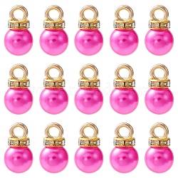 ABS Plastic Charms, with Golden Tone Iron Findings and Rhinestone, Dyed, Round Charm, Magenta, 13.5x8mm, Hole: 2.5mm, about 15pcs/bag(KY-YW0001-24E)