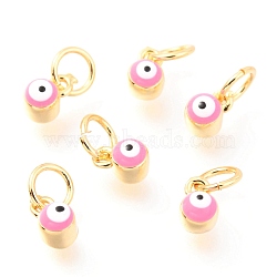 Brass Enamel Pendants, Long-Lasting Plated, Real 18K Gold Plated, with Jump Rings, Column with Evil Eye, Pink, 5x3.5x4.5mm,Jump Ring: 5x0.6mm, 3mm inner diameter.(KK-Y001-02C-02G)