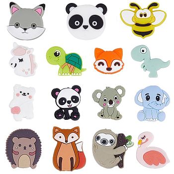 15Pcs 15 Style Food Grade Eco-Friendly Silicone Beads, Chewing Beads For Teethers, DIY Nursing Necklaces Making, Flamingo & Panda & Cat & Hedgehog, Mixed Color, 21~35x20~34x5~10.5mm, Hole: 2~3.5mm, 1pc/style
