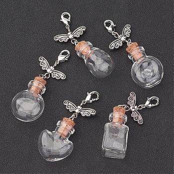 Mixed Shape Glass Bottle Big Pendants, with Tibetan Style Butterfly Bead and Brass Lobster Claw Clasps, Clear, 55~58mm, Bottle Capacity: 1~2.5ml(0.03~0.08 fl. oz)