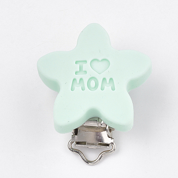 Mother's Day Theme, Food Grade Eco-Friendly Silicone Baby Pacifier Holder Clips, with 304 Stainless Steel Clips, Star with Word I Love Mom, Stainless Steel Color, Aquamarine, 46x39x19mm, Hole: 4x14mm