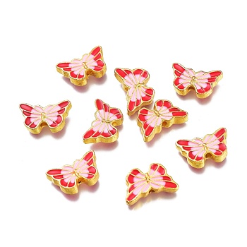 Alloy Enamel Beads, Butterfly Shape, Red and Pink, Real 24K Gold Plated, 15.5x9.5x4mm, Hole: 1.5mm