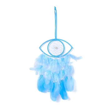 Handmade Eye Woven Net/Web with Feather Wall Hanging Decoration, with Plastic & Wooden Beads, for Home Offices Amulet Ornament, Deep Sky Blue, 525mm