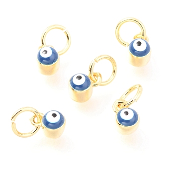 Brass Enamel Pendants, Long-Lasting Plated, Real 18K Gold Plated, with Jump Rings, Column with Evil Eye, Deep Sky Blue, 5x3.5x4.5mm,Jump Ring: 5x0.6mm, 3mm inner diameter.