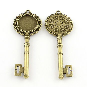 Tibetan Style Key Alloy Pendant Cabochon Settings, Cadmium Free & Nickel Free & Lead Free, Antique Bronze, Tray: 20mm, 81x30x5.5mm, Hole: 3mm, about 70pcs/1000g