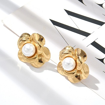 304 Stainless Steel ABS Imitation Pearls Stud Earrings for Women, Flower, Golden, 22.5x20mm