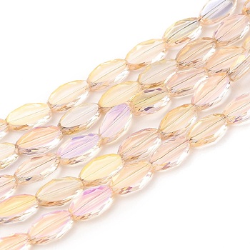 Transparent Electroplate Glass Beads Strands, Faceted, Oval, Full Rainbow Plated, PeachPuff, 10.5x6x3mm, Hole: 1.2mm, about 50pcs/Strand, 21.26''(54cm)