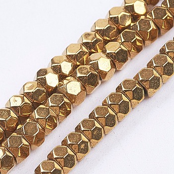 Electroplate Non-Magnetic Synthetic Hematite Beads Strands, Faceted, Rondelle, Golden Plated, 3x2mm, Hole: 0.5mm, about 198pcs/strand, 15.5 inch(39.5cm)
