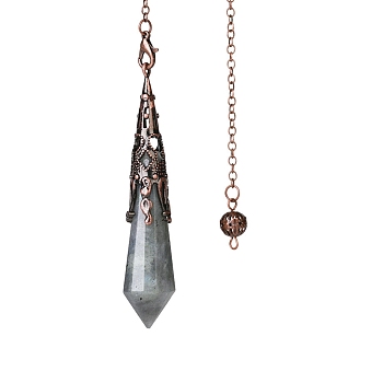 Natural Labradorite Dowsing Pendulum Big Pendants, with Red Copper Plated Metal Cone, Hexagonal Cone Charm, 260mm