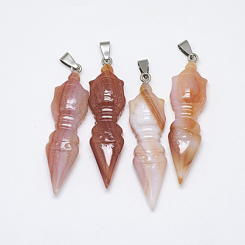 Natural Carnelian/Red Agate Big Pendants, with Stainless Steel Snap On Bailss, Platinum, 60~61x16~17x8~10mm, Hole: 8.5x4mm