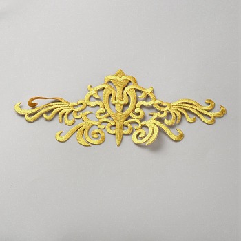 Polyester Flower Embroider Thread Iron on/Sew On Patches, Cloth Appliques, Gold, 95x203x1mm