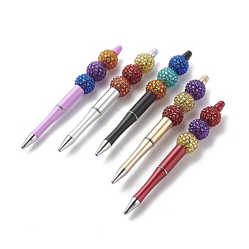 Plastic Beadable Pens, Press Ball Point Pens with Graduated Color Resin Rhinestone Beads, Mixed Color, 145x19.5mm