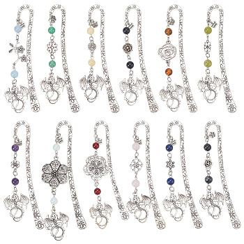Tibetan Style Alloy Hook Bookmark, Round Gemstone Beaded Bookmark, Dragon with Flower Pendant Book Marker, Antique Silver, 198~218mm, 12 style, 1pc/style, 12pcs/set