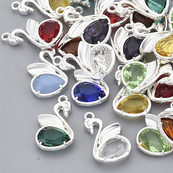 Eco-Friendly Alloy Glass Pendants, Faceted, Nickel Free, Swan, Mixed Color, Silver Color Plated, 20x12.5x4mm, Hole: 1.5mm