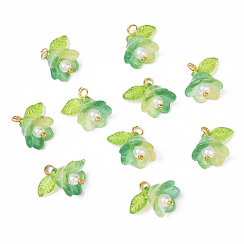 10Pcs Acrylic & Glass Flower Pendants, with Brass Findings, Lime, 14mm, Hole: 2.3mm