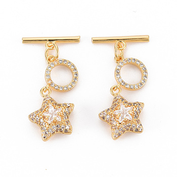 Brass Micro Pave Cubic Zirconia Toggle Clasps, Nickel Free, Star & Bar, Real 18K Gold Plated, Clear, Ring: 10x9x2mm, Bar: 15x4x1.5mm, Hole: 1.5mm~1.8mm