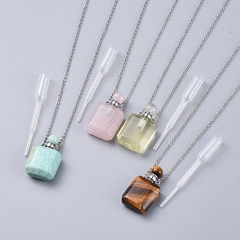 Natural Mixed Stone Perfume Bottle Pendant Necklaces, with Brass Cable Chains, Lobster Claw Clasps and Plastic Dropper, Platinum, 19.7~19.9 inch(50.2~50.6cm), Bottle Capacity: 0.15~0.3ml(0.005~0.01 fl. oz), 2mm
