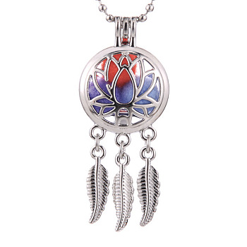 Alloy Diffuser Locket Pendants, with Lotus Pattern, Excluding Chain, Woven Net/Web with Feather, Platinum, 55x24mm