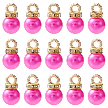 ABS Plastic Charms, with Golden Tone Iron Findings and Rhinestone, Dyed, Round Charm, Magenta, 13.5x8mm, Hole: 2.5mm, about 15pcs/bag