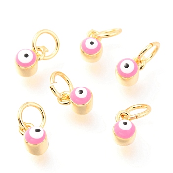 Brass Enamel Pendants, Long-Lasting Plated, Real 18K Gold Plated, with Jump Rings, Column with Evil Eye, Pink, 5x3.5x4.5mm,Jump Ring: 5x0.6mm, 3mm inner diameter.