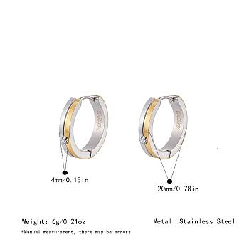Two Tone 304 Stainless Steel Rhinestone Hoop Earrings for Women, Real Gold Plated & Stainless Steel Color, 20x4mm