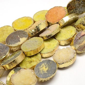 Golden Plated Dyed Oval Natural Druzy Quartz Crystal Beads Strands, Yellow, 30x22x5~12mm, Hole: 2mm, about 6pcs/strand, 7 inch