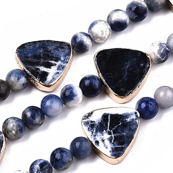 Natural Sodalite Beads Strands, with Light Gold Brass Edge, Triangle & Round, 6.5mm, Hole: 1.2mm, Triangle: 16.5x17.5x4mm, Hole: 1.2mm, about 23pcs/strand, 6.69 inch(17cm)