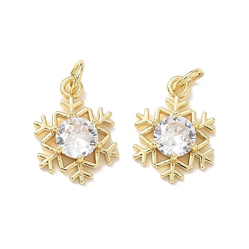 Brass Pave Clear Cubic Zirconia Pendants, Snowflake Charms, Long-Lasting Plated, Rack Plating, Lead Free & Cadmium Free, Real 18K Gold Plated, 16x12x4mm, Hole: 3mm