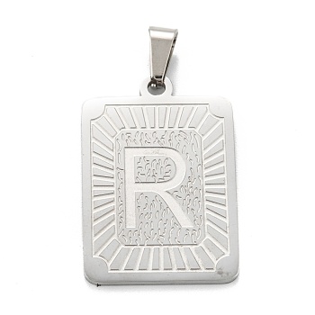 304 Stainless Steel Pendants, Rectangle with Alphabet, Letter.R, 30x20x1.5mm, Hole: 3x6mm