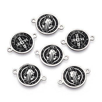 304 Stainless Steel Links connectors, with Enamel, Enamelled Sequins, Flat Round with Saint Benedict Medal, Stainless Steel Color, 13.5x19.5x0.5mm, Hole: 1.2mm