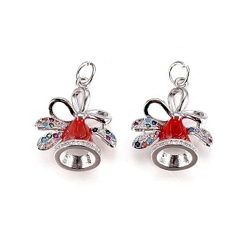 Brass Micro Pave Cubic Zirconia Pendants, with Enamel and Jump Ring, Christmas Bell, Red, Platinum, 18x16x9mm, Hole: 3.5mm