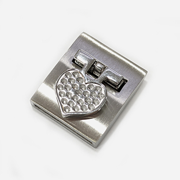 304 Stainless Steel Magnetic Clasps with Glue-in Ends, Rectangle with Heart, Stainless Steel Color, Fit For 1mm Rhinestone, 25x21x8mm, Hole: 2x18mm