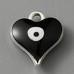 Alloy Enamel Charms, Heart with Evil Eye Charm, Platinum, Black, 14x12.5x4mm, Hole: 1.8mm(ENAM-WH0058-021P-08)