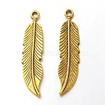 Tibetan Style Alloy Pendants, Lead Free and Cadmium Free, Feather, Antique Golden, 45.5x11x2.5mm, Hole: 2mm(K08SP031)