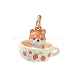 Spray Painted & UV Printed Brass Pendants, Cup with Dog Charms, Golden, Coral, 15.5x18x15mm, Hole: 4mm(KK-CBA6775-01G)