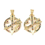 Brass Micro Pave Colorful Cubic Zirconia Pendants, with White Enamel, Flat Round with Arrow Charms, Golden, 27x21x3mm, Hole: 5X3mm(CU-CBA9175-27G)