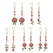 Valentine's Day Theme Alloy Enamel Rose Dangle Earrings with Glass Beaded, 304 Stainless Steel Earrings, Red, 54~63x9~15.5mm(EJEW-JE05336)