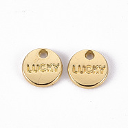 Rack Plating Alloy Charms, Cadmium Free & Lead Free, Flat Round with Word Lucky, Light Gold, 8x1.5mm, Hole: 1.2mm(PALLOY-N155-77-RS)