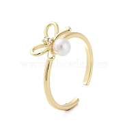 Rack Plating Brass Micro Pave Cubic Zirconia Open Cuff Rings, with Plastic Imitation Pearl, Cadmium Free & Lead Free, Long-Lasting Plated, Bowknot, Real 18K Gold Plated, US Size 5 3/4(16.3mm)(RJEW-M168-04G)