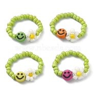 Glass Seed Beaded Stretch Ring, Smiling Face & Flower Finger Ring for Women, Mixed Color, US Size 8 1/2(18.5mm)(RJEW-TA00079-01)