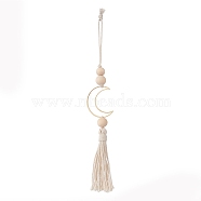 Natural Wood Bead Tassel Pendant Decoraiton, Moon Brass Linking Rings and Macrame Cotton Cord Hanging Ornament, Creamy White, 285mm(HJEW-JM00956)