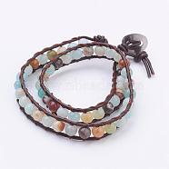 Two Loops Natural Amazonite Wrap Bracelets, with Cowhide Leather Cord and 304 Stainless Steel Sewing Buttons, with Burlap Paking Pouches Drawstring Bags, 14.6 inch(370mm)(BJEW-JB03285-01)
