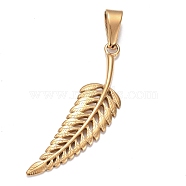 304 Stainless Steel Pendants, Feather, Golden, 46~47x11.5~12x2mm, Hole: 10x4mm(STAS-H110-20G)