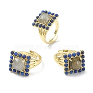 Natural Labradorite & Lapis Lazuli Rectangle Adjustable Ring, Real 18K Gold Plated Brass Wide Ring for Women, Inner Diameter: 17mm(RJEW-B030-01A-08)