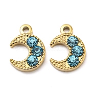 304 Stainless Steel Pendants, with Rhinestone, Crescent Moon Charms, Real 14K Gold Plated, 13.5x10x3mm, Hole: 1.6mm(STAS-L022-060G)