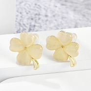 Alloy Cat Eye Stud Earrings, Clover, Pale Goldenrod, 15.5x12mm(EJEW-M092-02G-01)