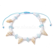 Dyed Natural White Jade Braided Bead Bracelets, Beach Natural Spiral Shell Adjustable Bracelets for Women, Deep Sky Blue, Inner Diameter: 2-1/8~3-5/8 inch(5.3~9.1cm)(BJEW-JB10358-01)