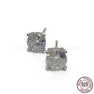 Rhodium Plated 925 Sterling Silver Stud Earrings, with Cubic Zirconia, Diamond, Real Platinum Plated, 6x6mm(EJEW-K265-01P)